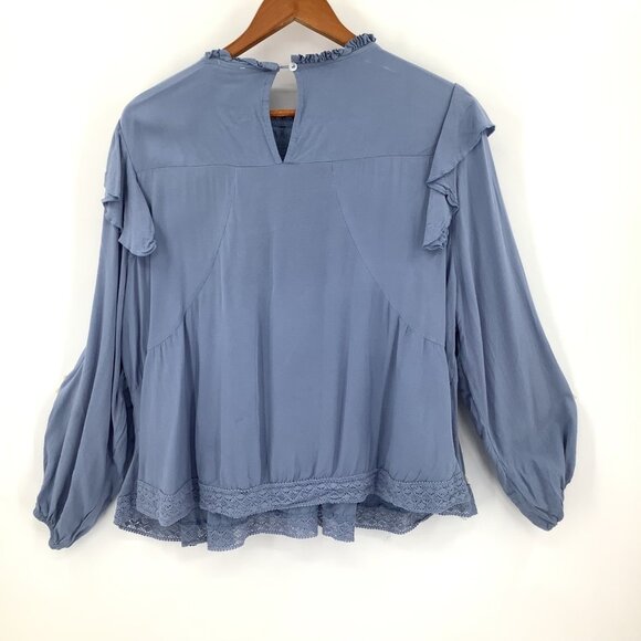 Grace + Karma Women's Blue Lace Ruffle Blouse Top L Rayon Cotton - Picture 3 of 8